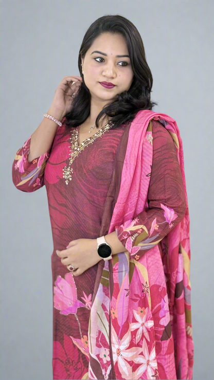 Pure Muslin Kurta Pant Dupatta Set with Handwork and Cotton Inner – Plus Sizes XL to 3XL