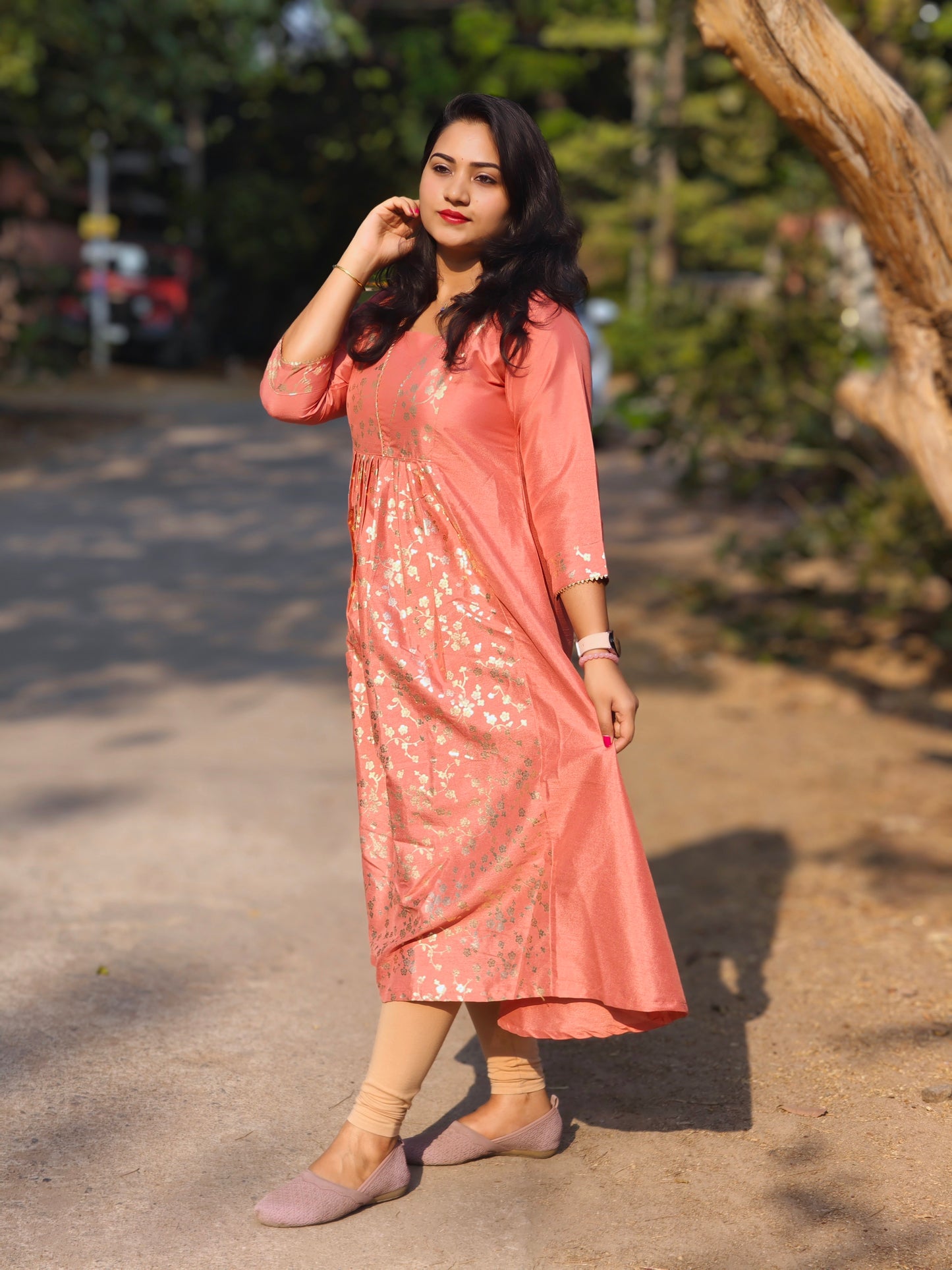 Peach Crepe Silk Floral Foil Printed Panelled Kurta for Women – M to 2XL