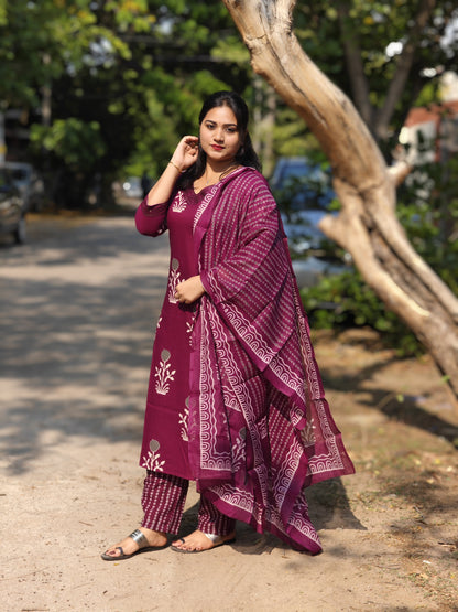 Viscose Rayon Floral Printed Suit Set in Deep Pink Maroon