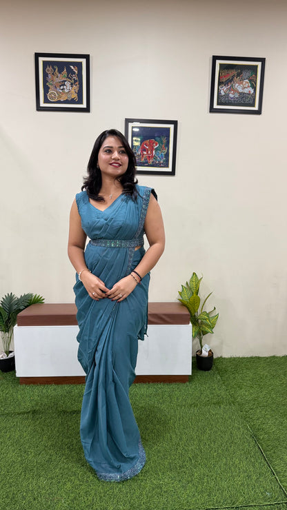 Georgette Ready-to-Wear Saree with Sequence Embroidery, Embroidered Koti & Work Belt – Free Size up to XXL