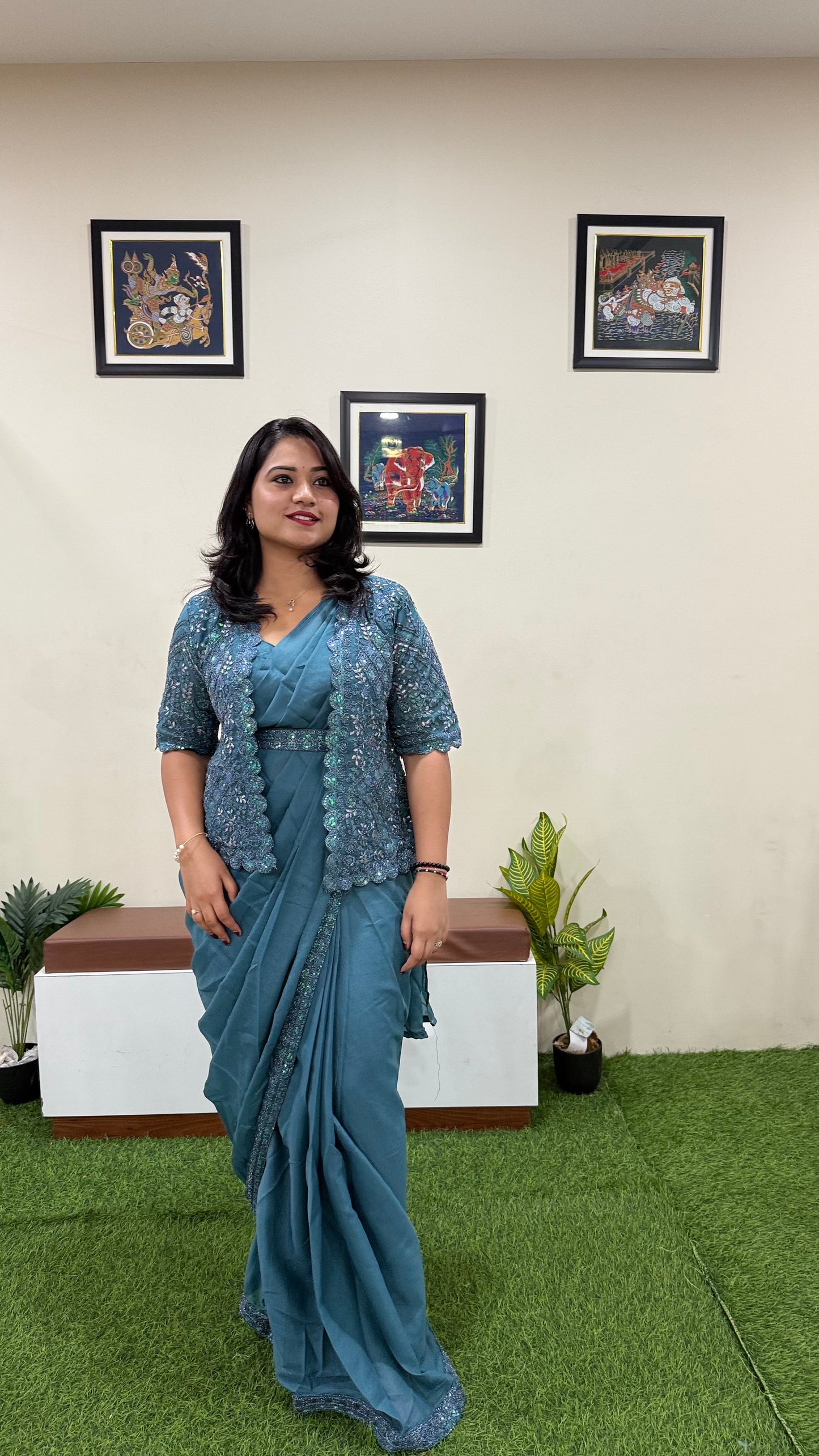 Georgette Ready-to-Wear Saree with Sequence Embroidery, Embroidered Koti & Work Belt – Free Size up to XXL