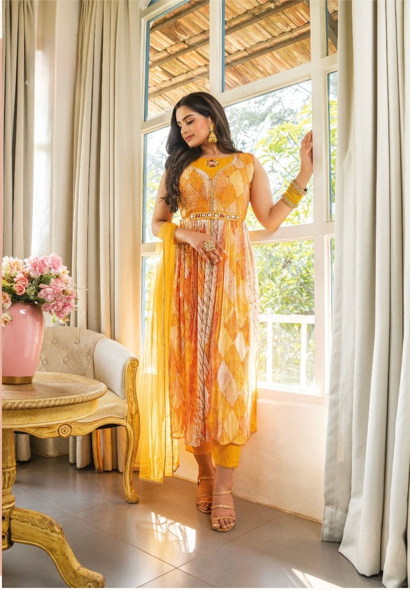 Nyra Cut Crochet Georgette Kurti Set with Jaam Silk Pant, Net Dupatta and Handwork Belt – Sizes L, XL