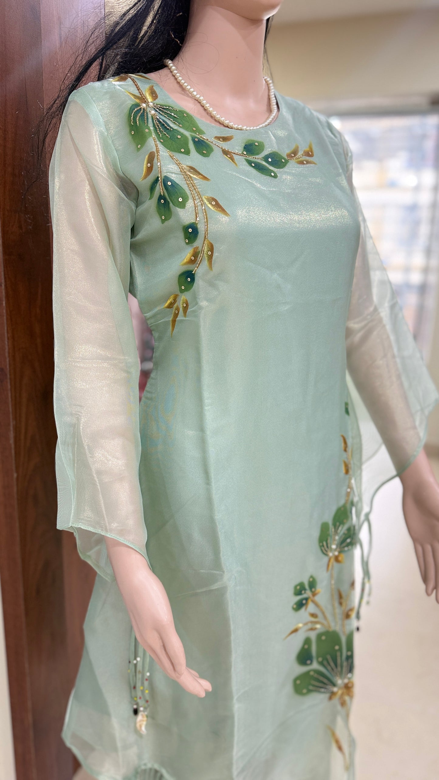 Brush painted shimmer tissue kurta pant set for women, asymmetric kurta with detailing work, sizes 38 to 44