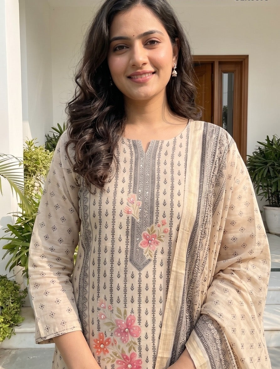 Embroidered Jamdani Kurta Pant Dupatta Set for Women with Lining, Cream