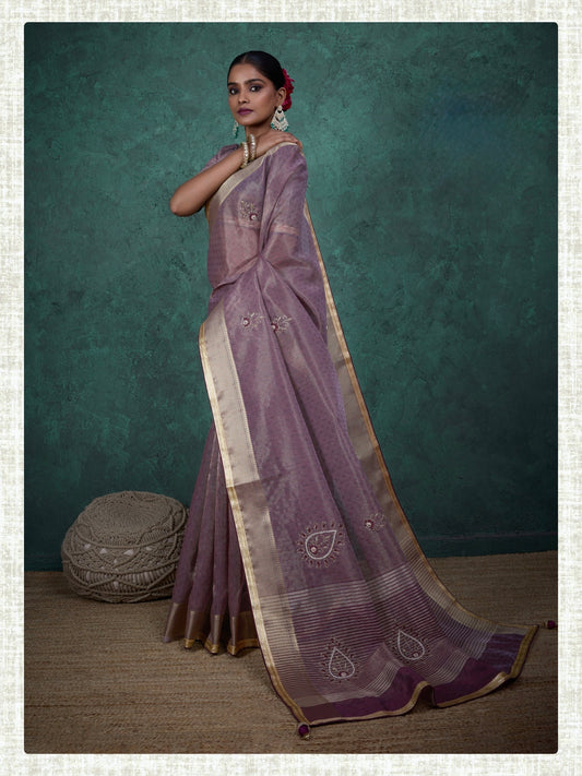 linen tissue saree with handwork motifs, lace detailing, and designer blouse – lightweight ethnic wear for women