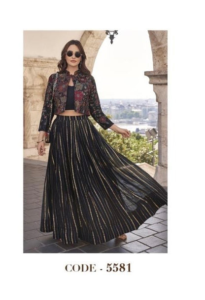 Viscose Chinon Silk Top with Embroidered Skirt Featuring Cancan – Free Size 3-Piece Ethnic Set for Women