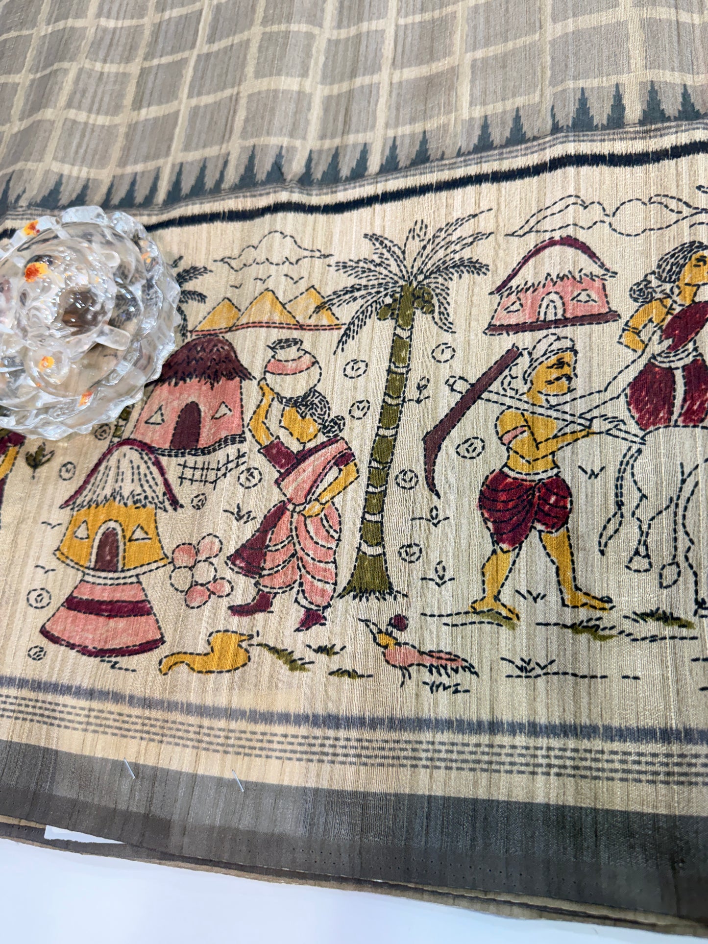 Spider Silk Saree with Folk Art Print Border and Tassel Pallu