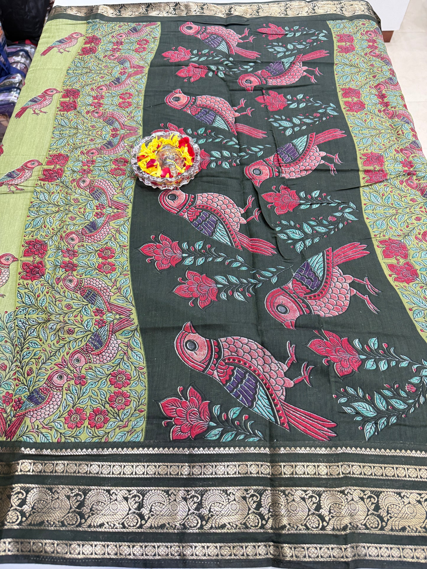 Venkatagiri style silk-blend printed saree with bird motifs and zari-style border, 6.3m women’s festive saree