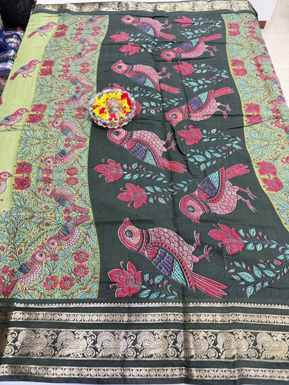Venkatagiri style silk-blend printed saree with bird motifs and zari-style border, 6.3m women’s festive saree