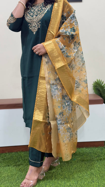 Vertican Silk Straight Cut Kurta Pant Dupatta Set with Organza Digital Print Dupatta – Sizes XL to 3XL