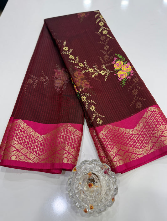 Banarasi kota silk saree with floral embroidery, contrast magenta zari border and matching blouse piece for women