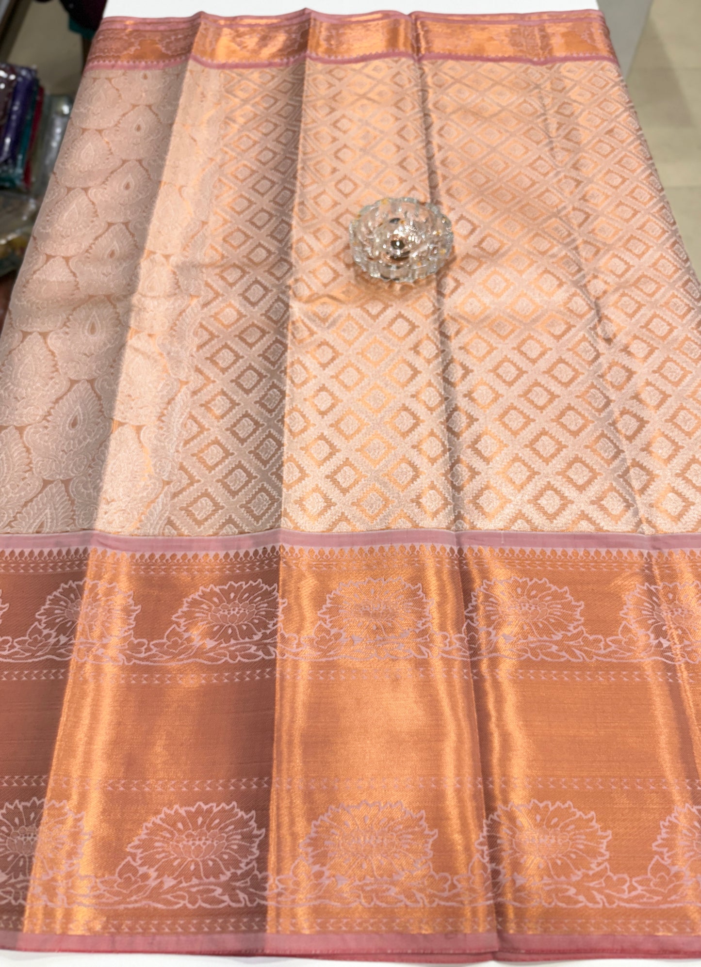 Bridal tissue saree for women with woven zari work and contrast border, kanchipuram style powerloom saree with blouse fabric