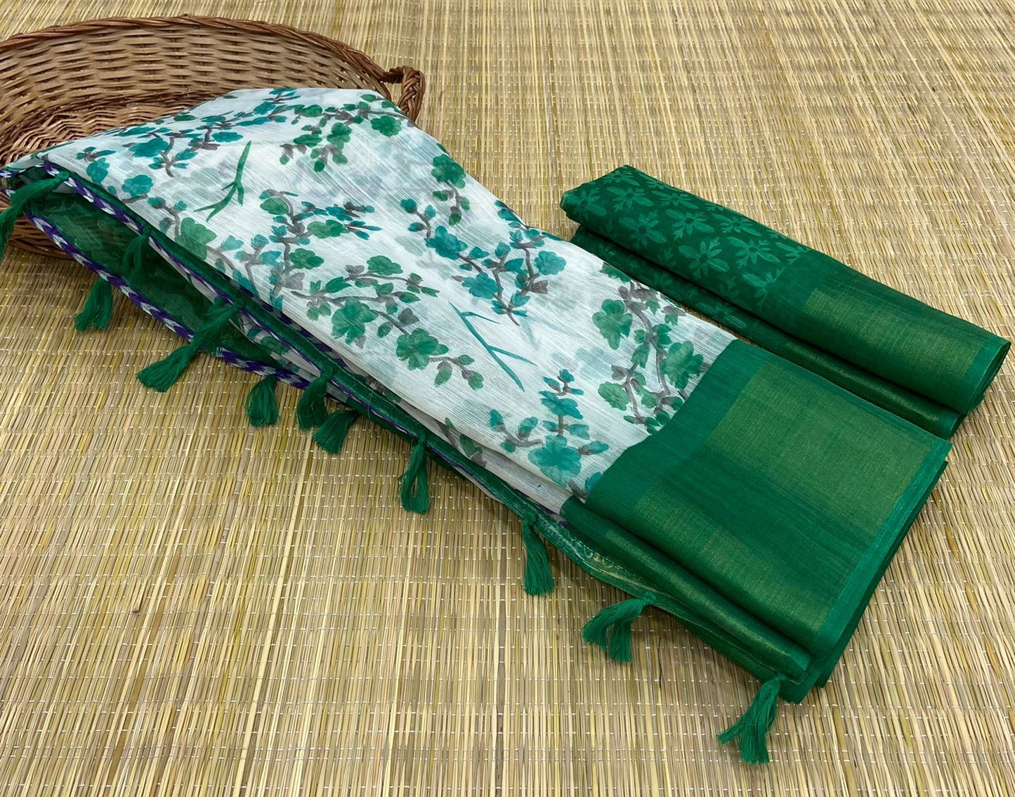 Soft Cotton Slub Saree with HD Floral Print, Zari Weaving Border, and Tassel Pallu for Women