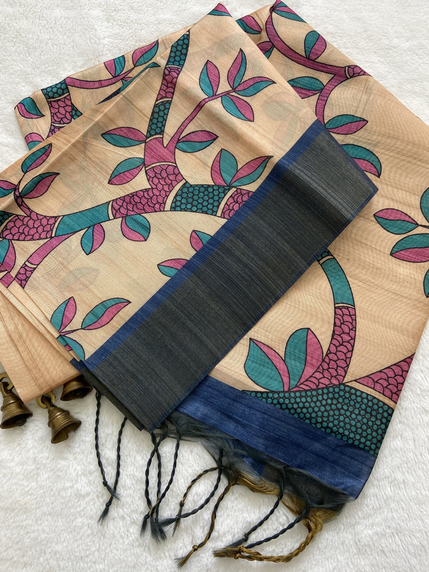 Soft Tussar Silk Printed Saree with Contrast Blouse, Tassels, and Designer Pallu
