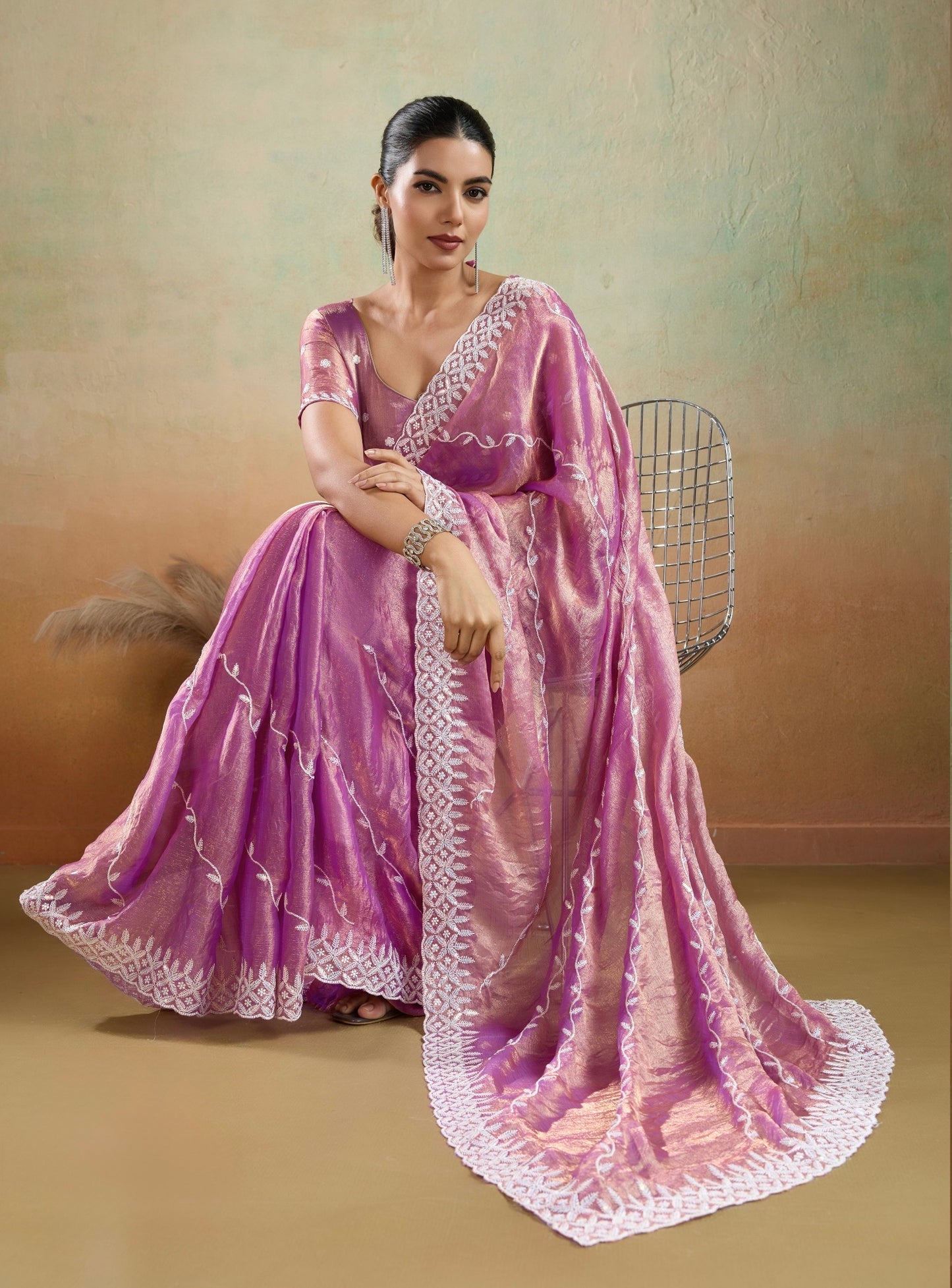 Velvet Chiffon Saree with Sequins Embroidery and Leheriya Flow for Women