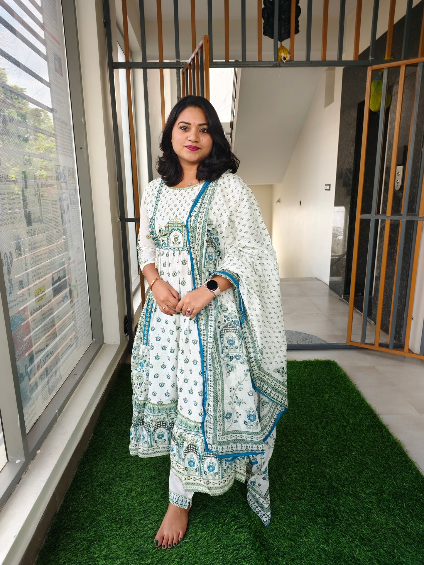Printed Anarkali Ethnic Dress for Women with Traditional Motifs in Blue and Green – Sizes 38 to 44