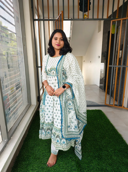Printed Anarkali Ethnic Dress for Women with Traditional Motifs in Blue and Green – Sizes 38 to 44