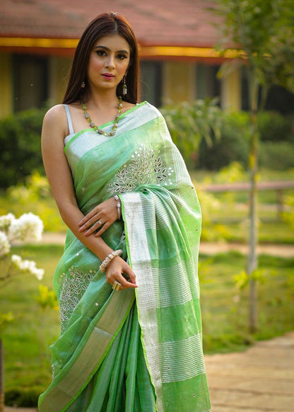 Pure Tissue Linen Saree with Handwork and Matching Blouse Piece for Women