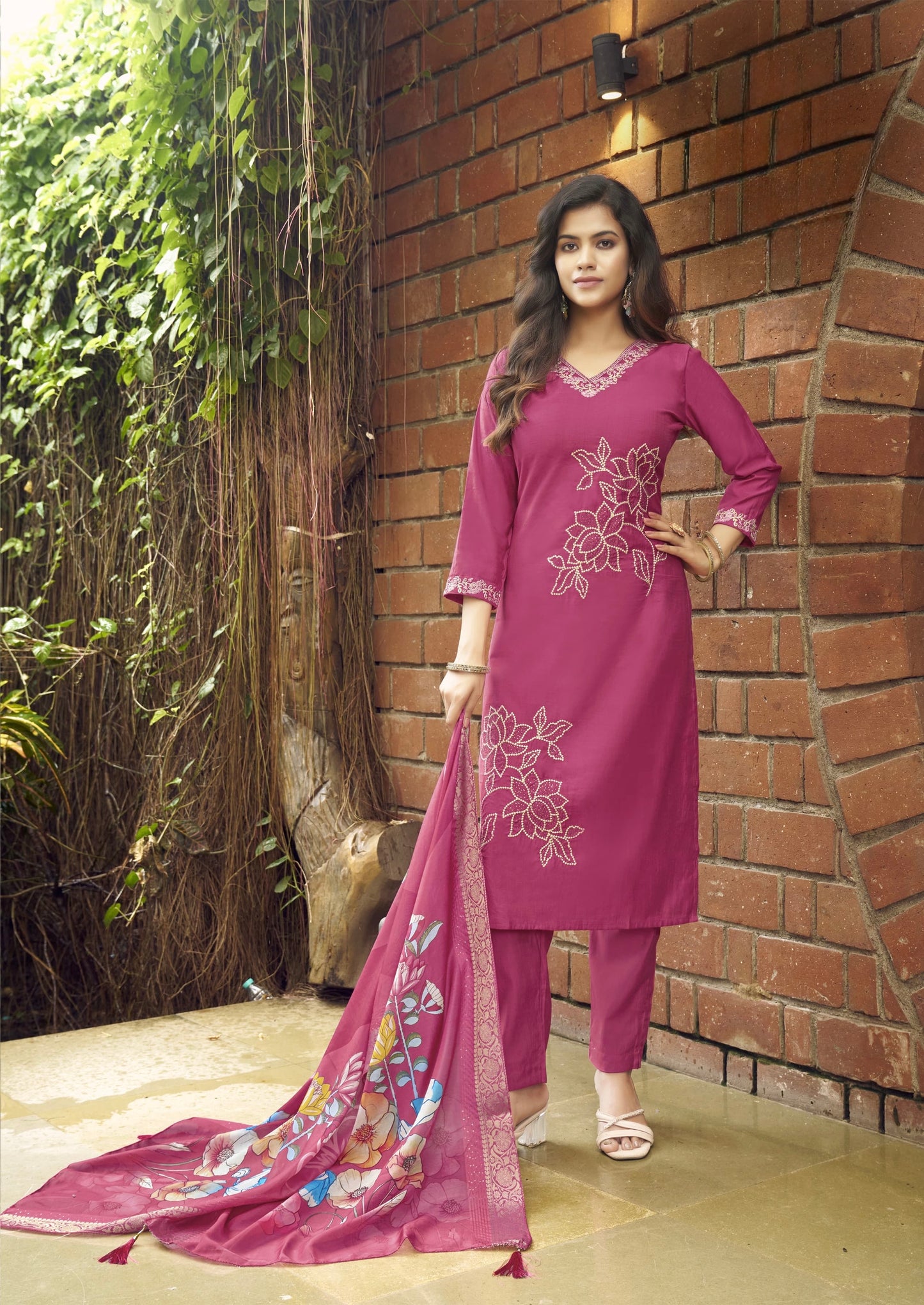 Viscose Vatican 3-Piece Straight Suit Set with Muslin Jacquard Dupatta and Swarovski Work for Women