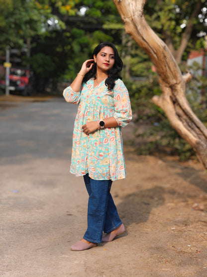 Sea Blue Georgette Floral Printed Gathered Tunic for Women – m to 3XL