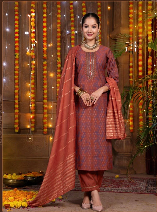 Roman Silk Straight Suit Set with Muslin Jacquard Dupatta – Women’s Plus Size Ethnic Wear