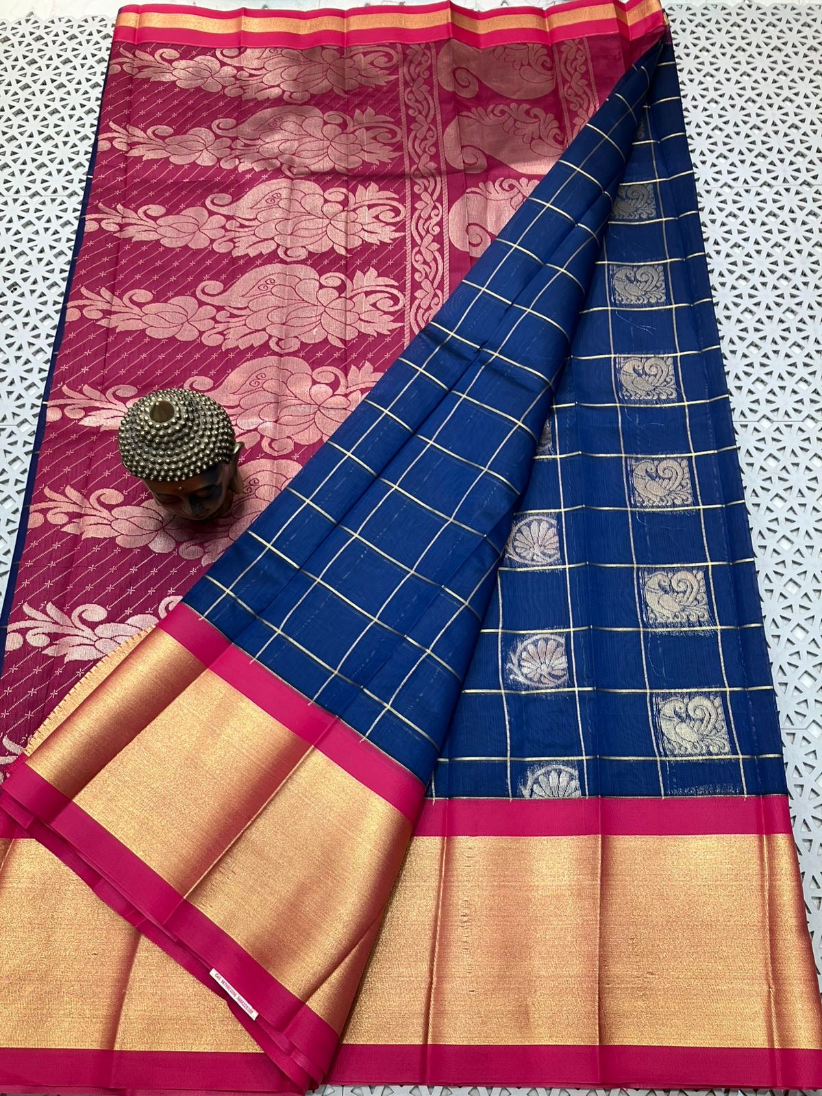 Mangalagiri Semi Pattu Saree with Kadi Border, Checks and Butta Weave for Women – Contrast Pallu and Blouse