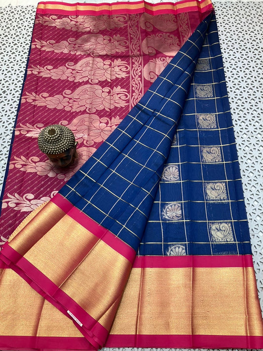 Mangalagiri Semi Pattu Saree with Kadi Border, Checks and Butta Weave for Women – Contrast Pallu and Blouse