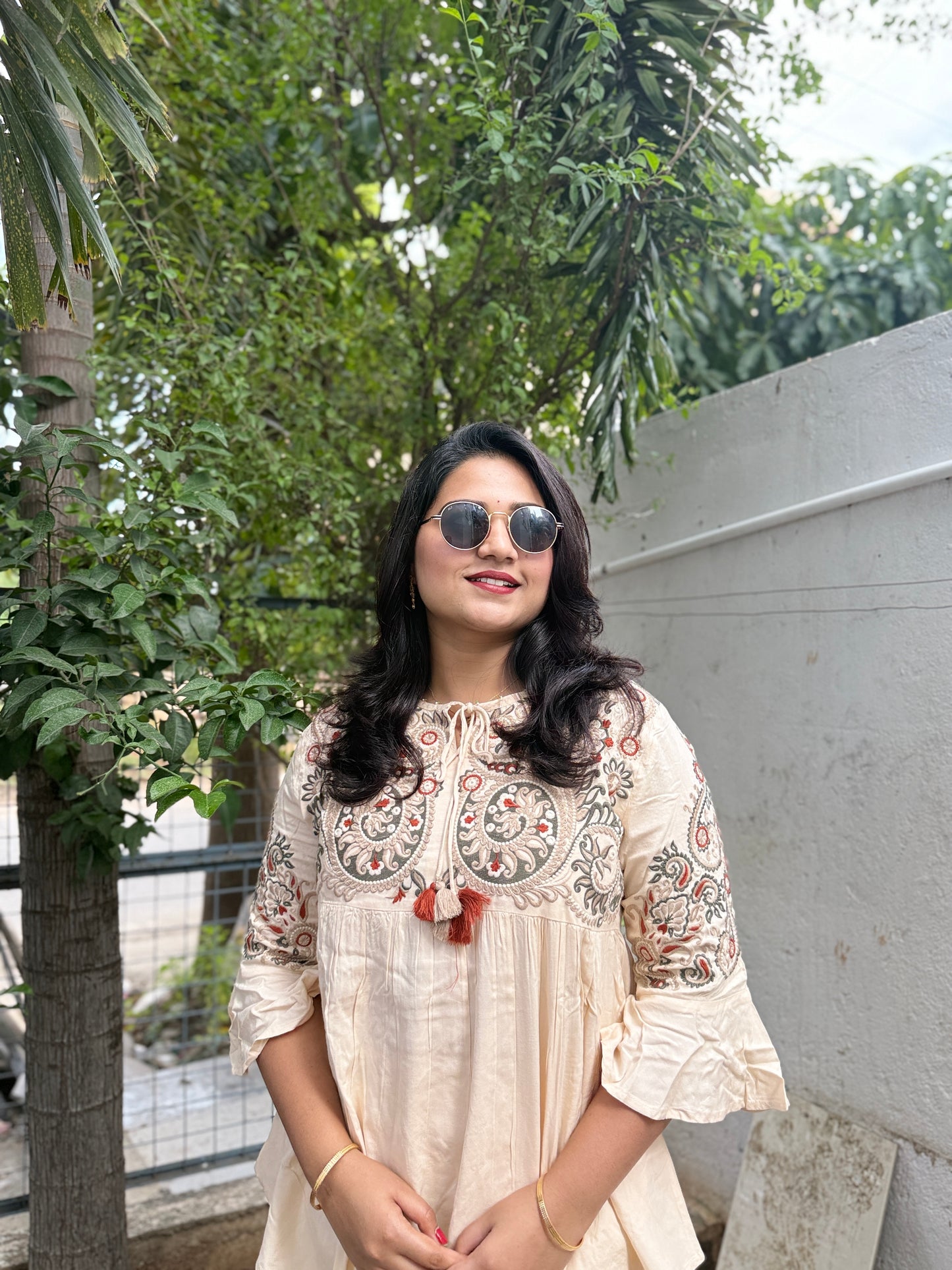 Embroidered Cotton Blend Kurta Pant Set with Bell Sleeves and Hem Work for Women