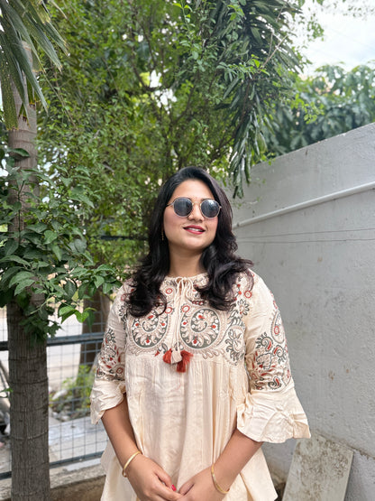 Embroidered Cotton Blend Kurta Pant Set with Bell Sleeves and Hem Work for Women