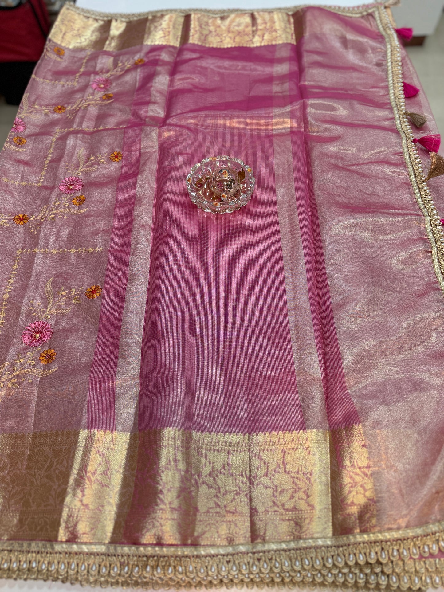 Banarasi Glass Tissue Saree for Women with Meenakari Embroidery, Gold Zari Border, Pearl Lace Handwork and Tassel Pallu