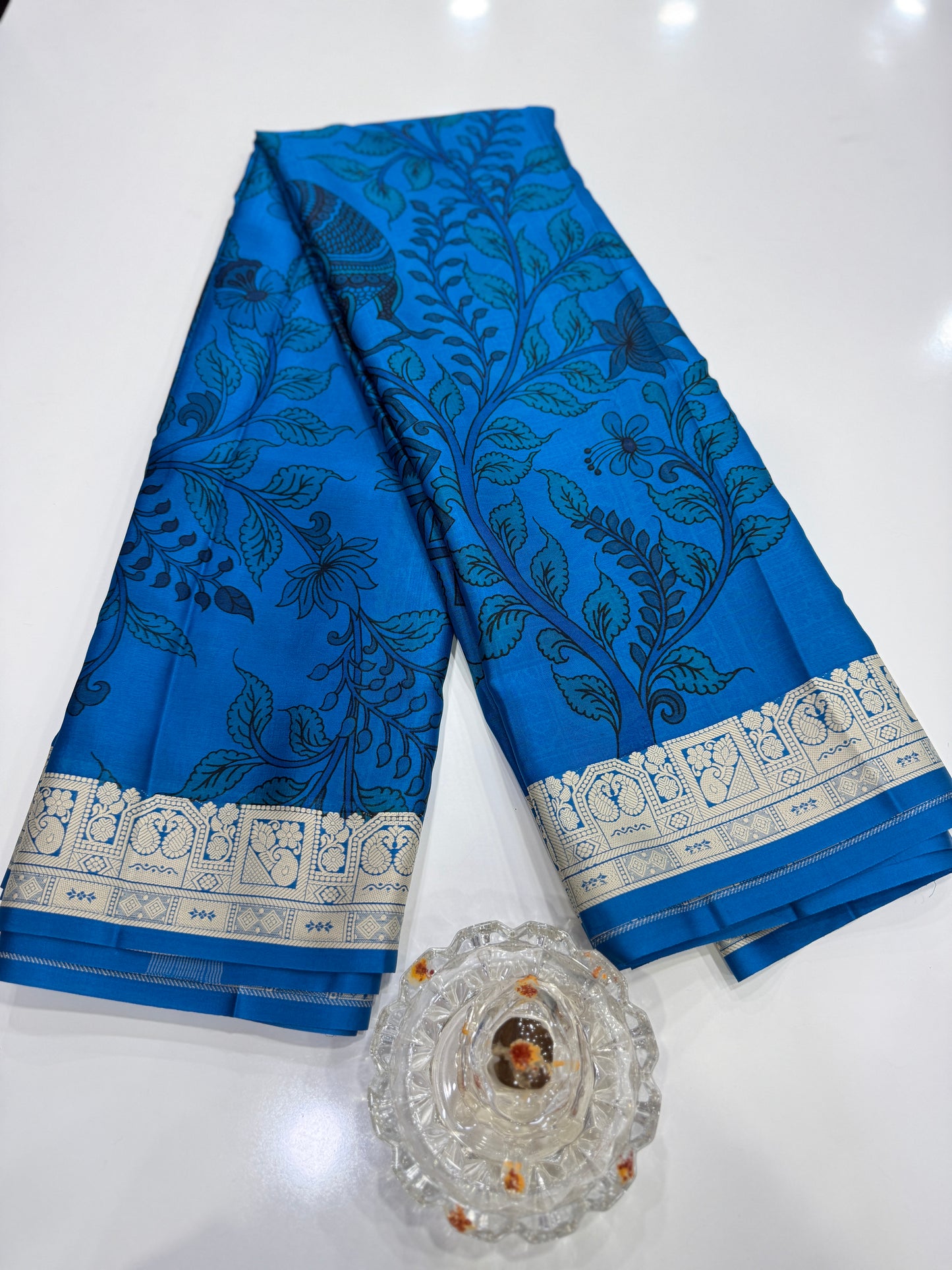 Pure Crepe Mysore Silk Saree for Women – Kalamkari Print with Kathan Border, 75 Gram, Silk Mark Certified