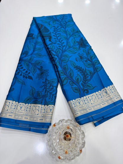 Pure Crepe Mysore Silk Saree for Women – Kalamkari Print with Kathan Border, 75 Gram, Silk Mark Certified