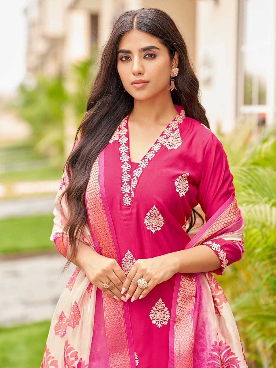 Women’s Roman Silk Straight Suit Set with Digital Print Dupatta – 3-Piece XL to 2XL