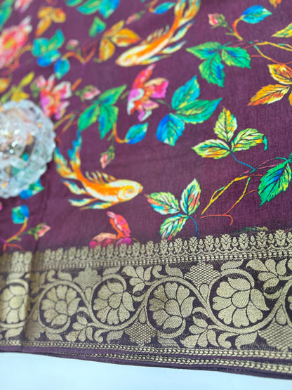 Pure Viscose Crepe silk saree with digital floral print and woven zari border for women