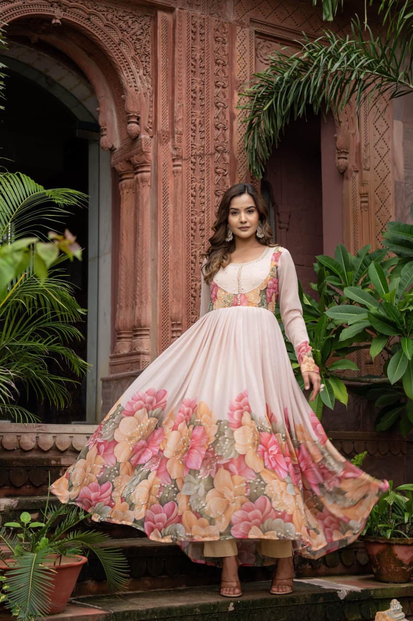 Chiffon Anarkali Kurta Pant Dupatta Set with Embroidery – Women’s Festive Ethnic Wear (Sizes M–XXL)