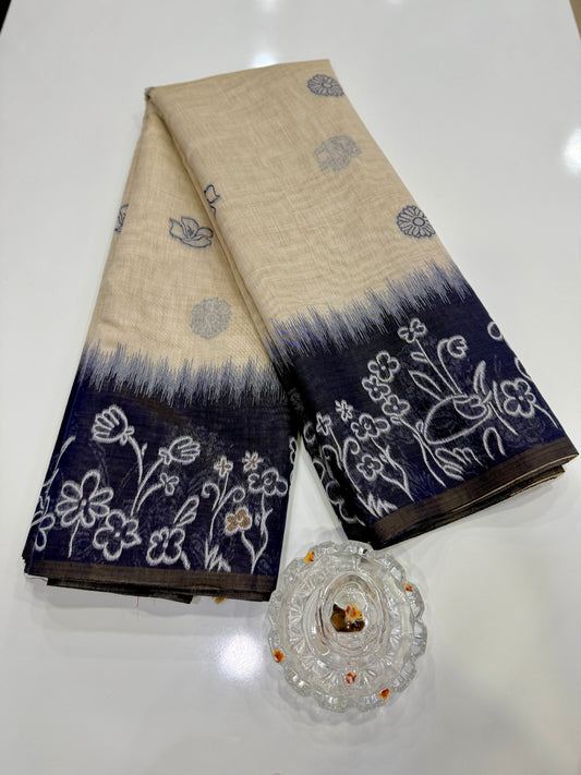 Munga cotton handloom weaving saree with woven floral border and tassel pallu for women