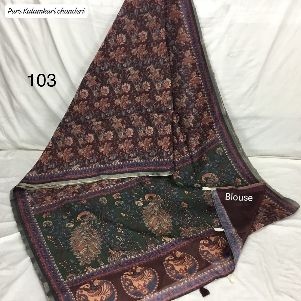 Mul Chanderi Cotton Saree with Kalamkari Print, Golden Zari Piping, and Batik Blouse – Ethnic Wear for Women