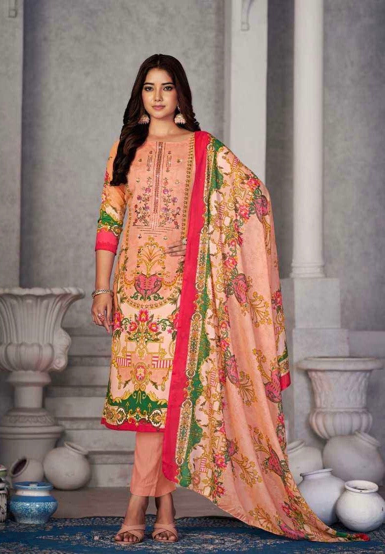 Soft Cotton Embroidered Suit Set with Swarovski Work and Mal Mal Dupatta for Women