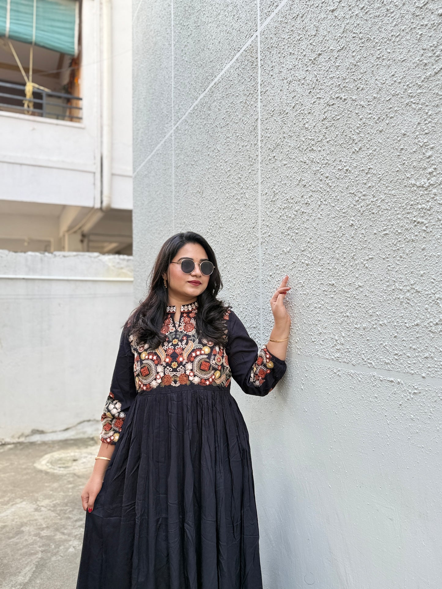 Embroidered Black Cotton Blend Long Kurta Dress with Yoke and Sleeve Work for Women