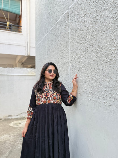 Embroidered Black Cotton Blend Long Kurta Dress with Yoke and Sleeve Work for Women