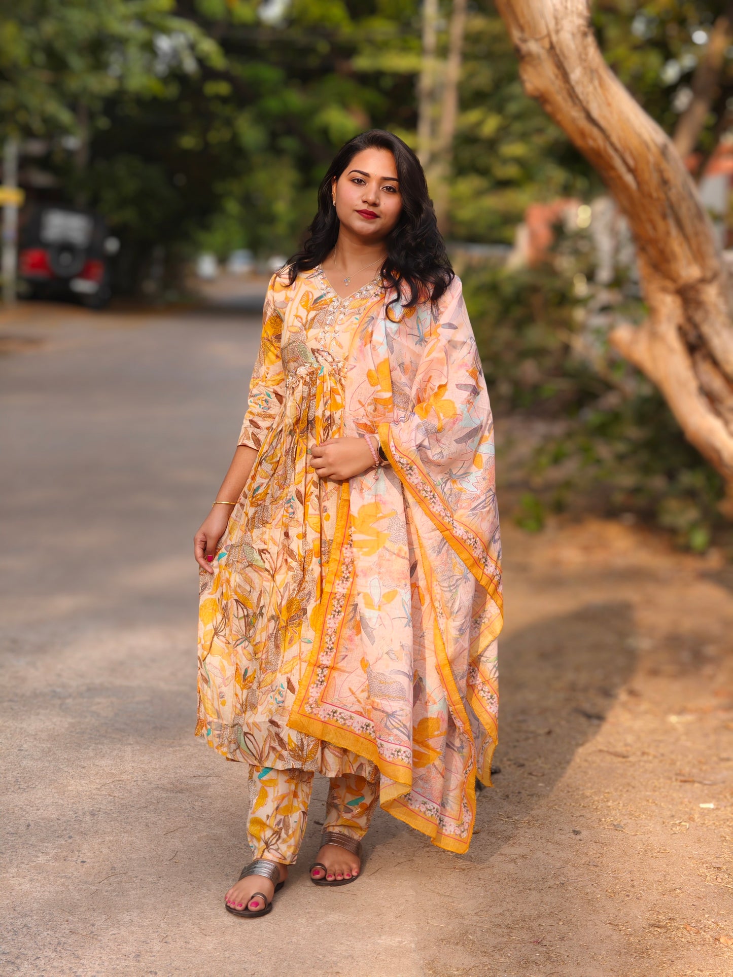 Yellow Cotton Mal Alia Suit with Digital Print, Khatli Work, and Dupatta – Size 2XL