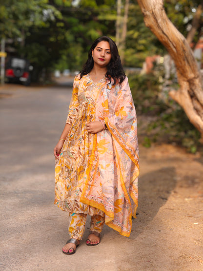 Yellow Cotton Mal Alia Suit with Digital Print, Khatli Work, and Dupatta – Size 2XL