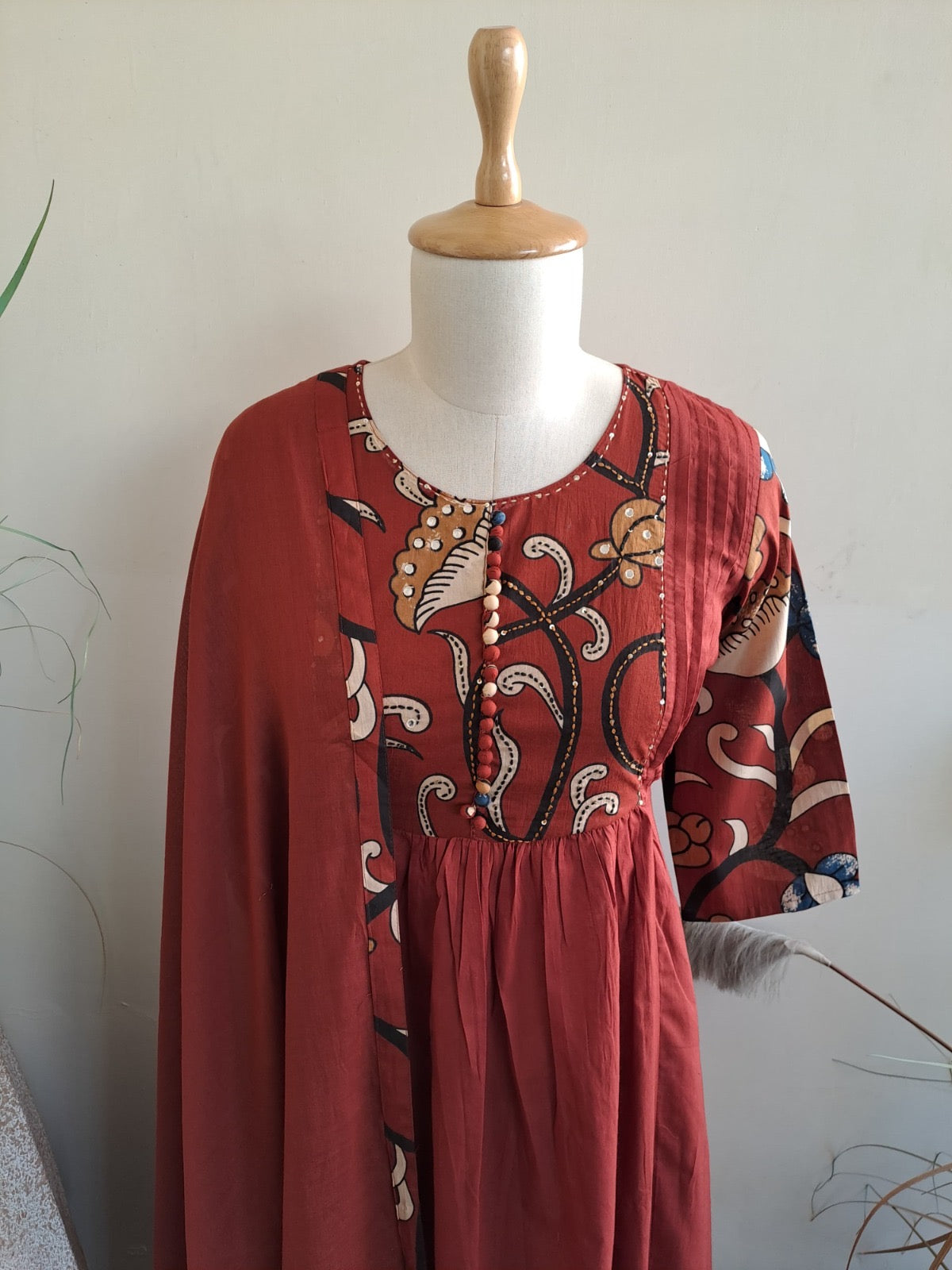 Women’s Kalamkari Cotton Kaftan Set with Embroidery and Mirror Work – Sizes 38 to 44