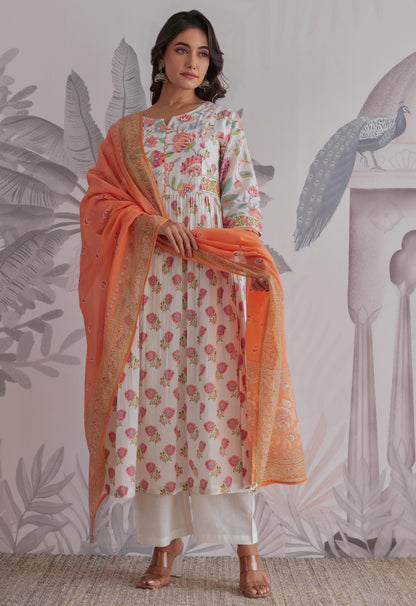 Cotton Anarkali Kurta Pant Dupatta Set with Ethnic Detailing for Women