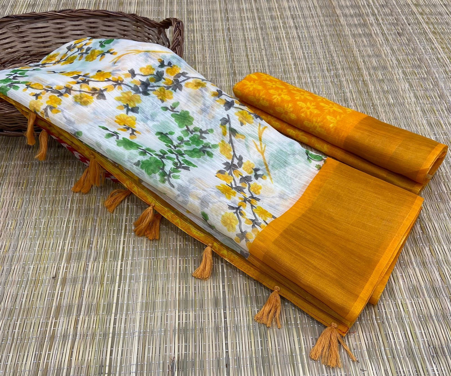 Soft Cotton Slub Saree with HD Floral Print, Zari Weaving Border, and Tassel Pallu for Women