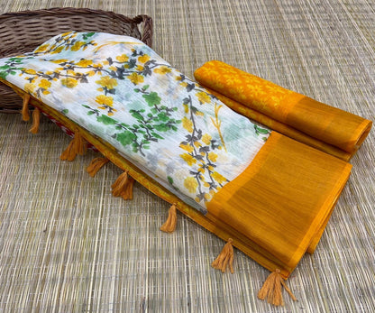 Soft Cotton Slub Saree with HD Floral Print, Zari Weaving Border, and Tassel Pallu for Women