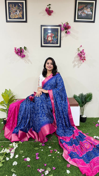 Soft Dola Silk Saree with Heavy Zari Border and Bandhani Print – Elegant Pallu with Running Blouse