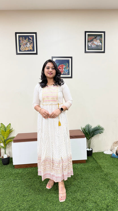 Rayon Foil Print Anarkali Gown with Embroidered Neck and Belt – Liva Tag – Sizes M to 3XL