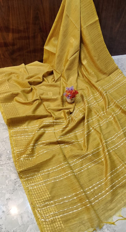 Muga Silk Saree with Sequence Pallu, Weaving Butta Design and Blouse Piece for Women