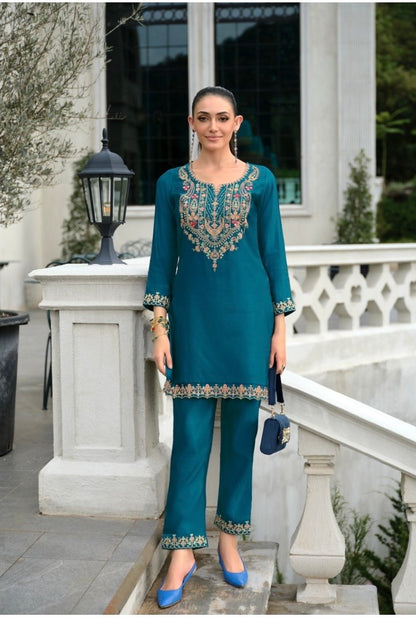 Pure Tussar Silk Co-Ord Set with Embroidery and Handwork – Festive Wear for Women in XL to 3XL